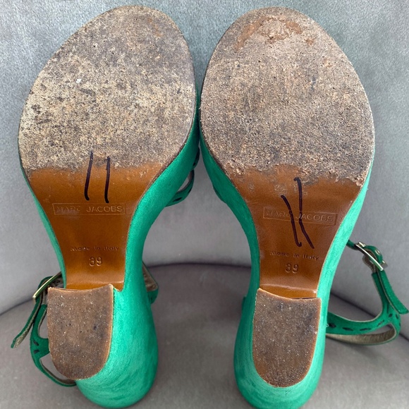 Marc Jacobs Green Suede Ankle Strap Platform Wedge Shoes, Gem Accent, 39/8.5 US - Picture 8 of 9